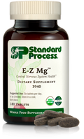 Image of E-Z Mg bottle next to tablets of magnesium supplements.