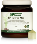 Tub of SP Power Mix next to a scoop of the green powder.