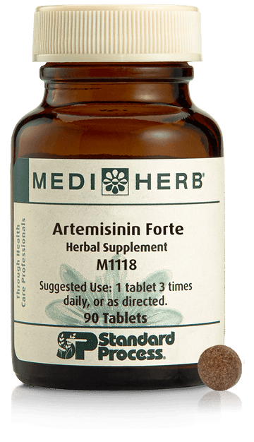A bottle of Artemisinin Forte next to a tablet.