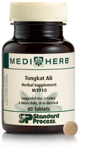 A bottle of MediHerb® Tongkat Ali, a testosterone support supplement for older men, next to a tablet of the supplement.